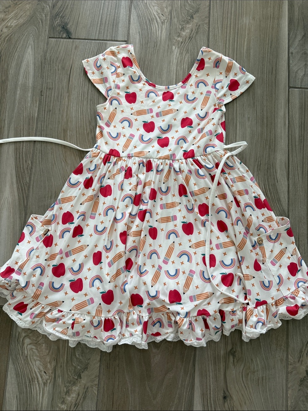 cheeky plum White Dress with Red Apple & Rainbow Print